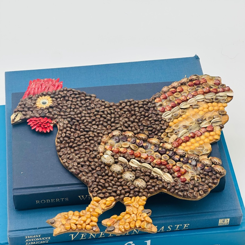 Handmade Vintage Seed Art Hen Chicken Folk Art Wall Decor Mosaic 1970s Farmhouse